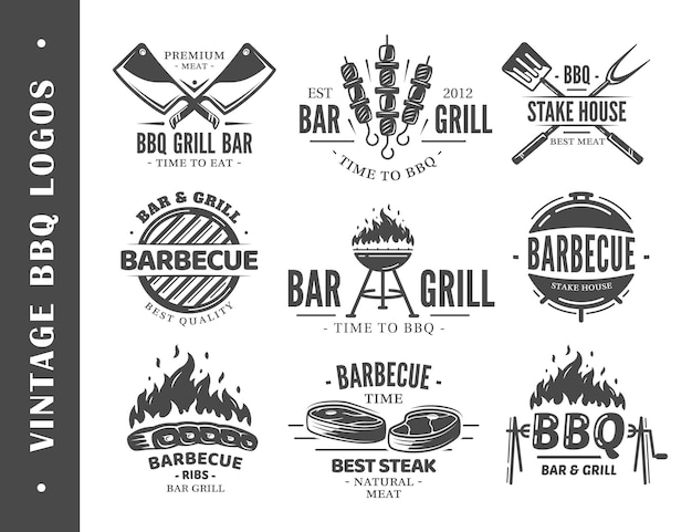 Vector vintage barbecue grill labels isolated on white background vector illustrations