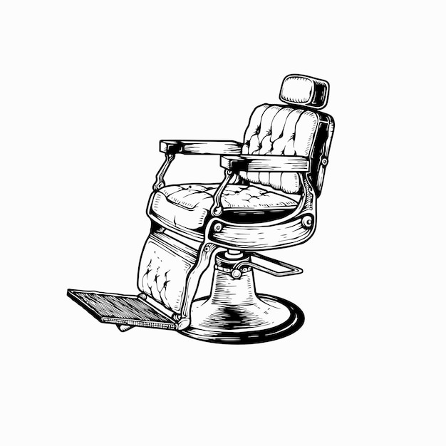 Иллюстрация винтажного парикмахерского стула, сделанная вручную с усами для парикмахера, черно-белый цвет