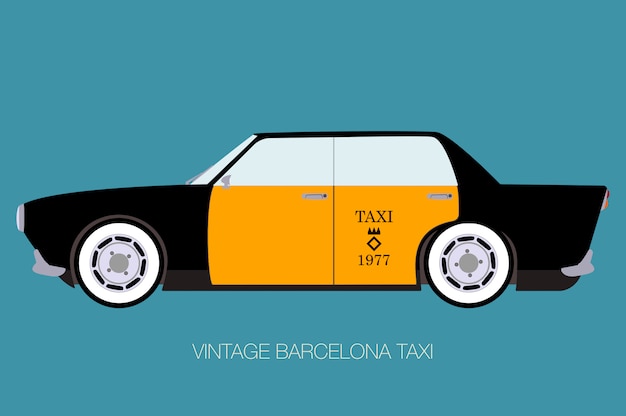 Vintage barcelona taxi, zijaanzicht, platte ontwerpstijl