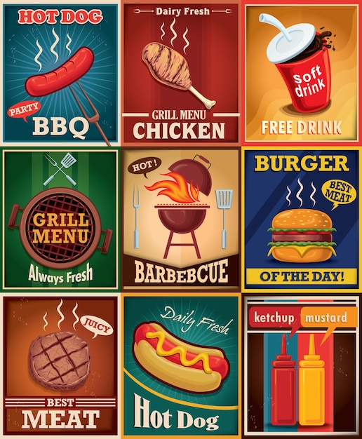 Vintage bbq grill poster design set