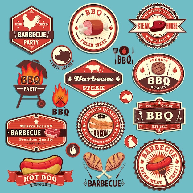 Vintage bbq party label design set