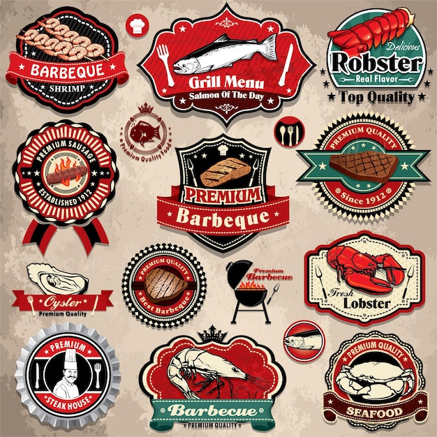 Vector vintage bbq seafood steak labels icons badges template set
