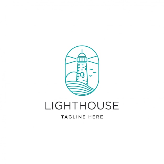 Vintage beacon lighthouse on coastal beach logo template