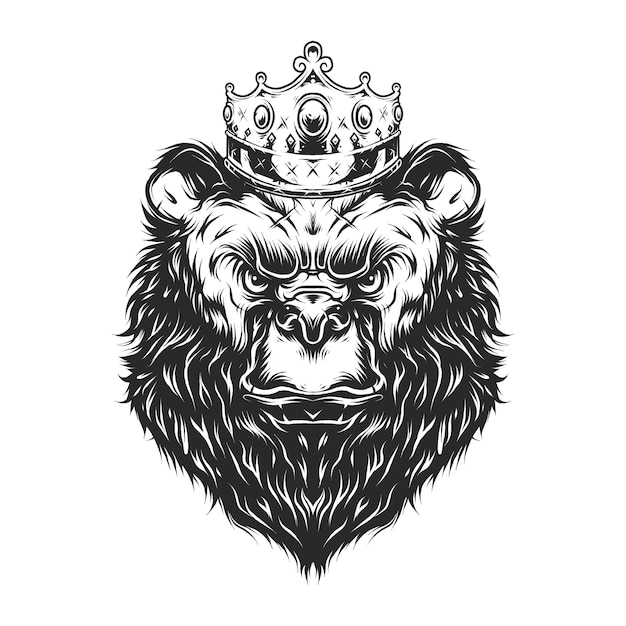 Vintage bear head with crown in monochrome style