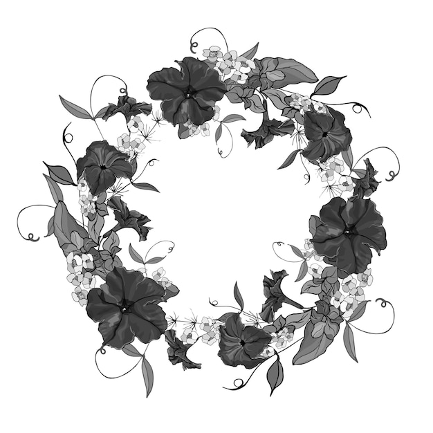 Vintage beautiful round frame of black velvet petunia flower and small white flowers. Copy space. Hand drawn.