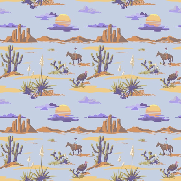 Vector vintage beautiful seamless desert illustration pattern. landscape with cactuse, mountains, cowboy on horse, sunset vector hand drawn style background