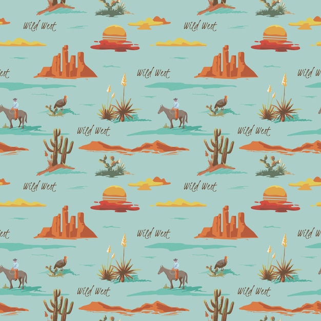 Вектор Винтажные красивые бесшовные модели пустыни иллюстрации. пейзаж с кактусом, горы, ковбой на лошади, закат вектор рисованной стиль фона