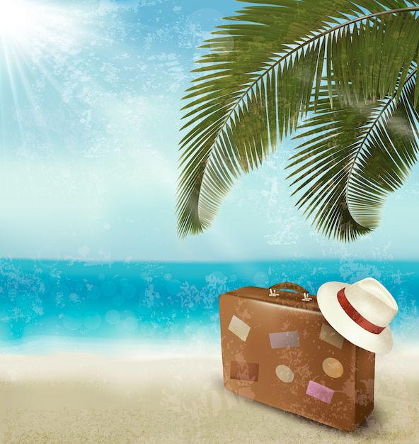 Vector vintage beautiful seaside with suitcase and a hat