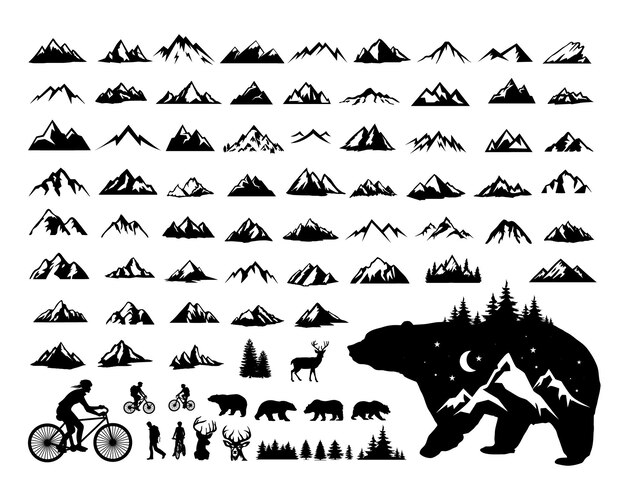 Vector vintage berg avontuur camping beer fiets herten natuur bergen heuvel landschap silhouet logo