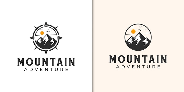 Vintage berg buitenshuis avontuur logo met kompas ontwerpconcept voor reiziger