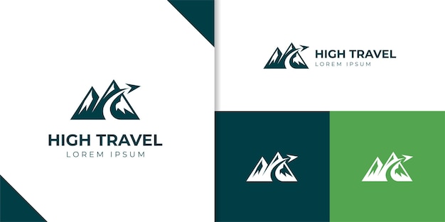 Vintage berglandschap vintage logo met rotsen en vliegvliegtuig voor reiziger Hipster Adventure Travelling logo illustratie