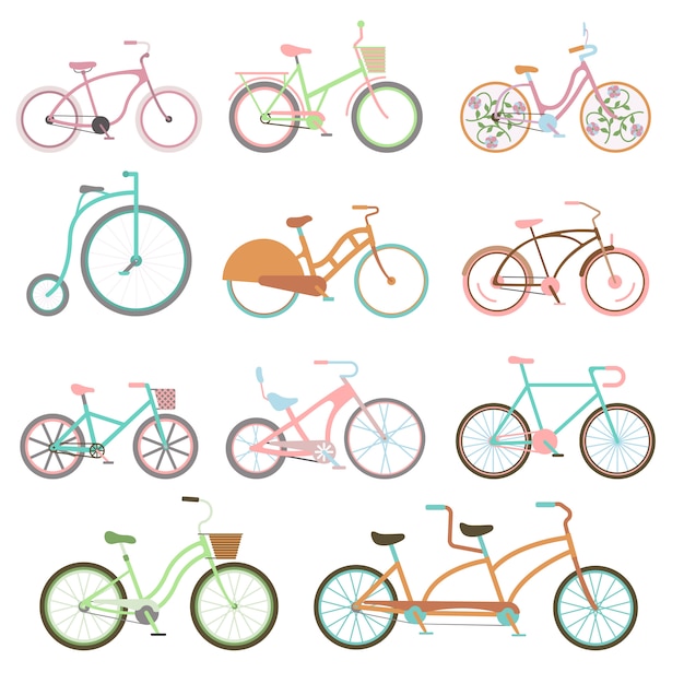 Иллюстрация вектора перехода велосипеда винтажного велосипеда установленная плоская.