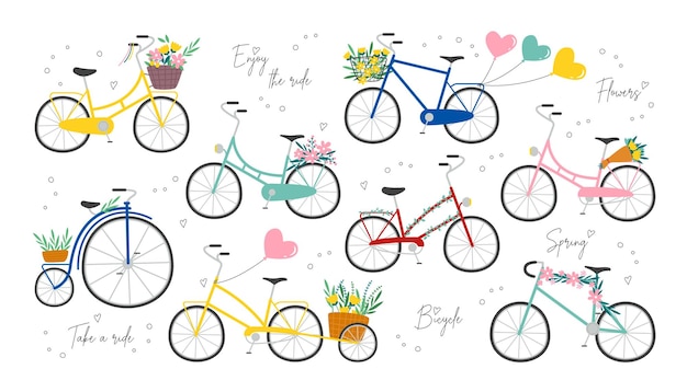 Vintage Bicycles With Flowers And Balloons Set