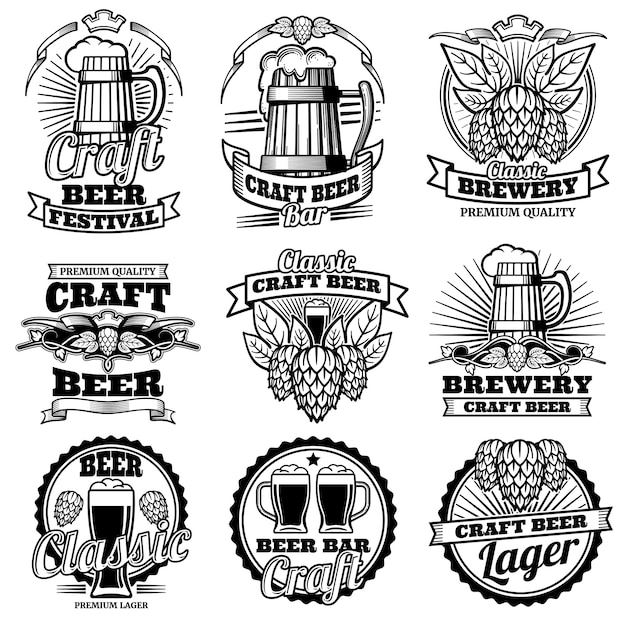 Vintage bier drinken bar vector etiketten. retro brouwerijemblemen en emblemen met hop en mok