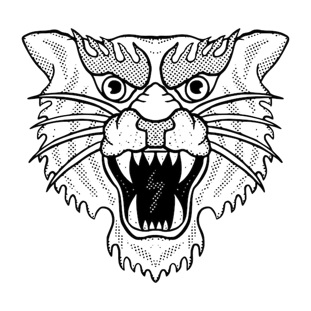 Vector vintage big cat doodle black and white illustration hand drawn vector