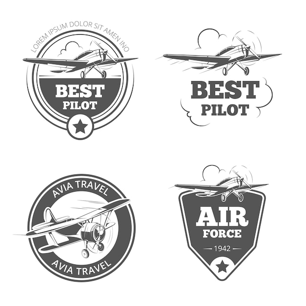 Набор старинных биплан и моноплан эмблем. самолет и логотипы самолетов. логотип авиации, перелет, векторные иллюстрации