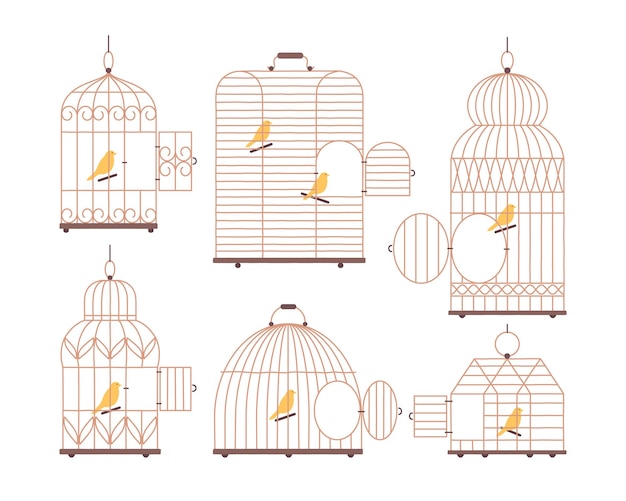 Set di gabbia per uccelli vintage un uccello in una gabbia illustrazione vettoriale in uno stile piatto
