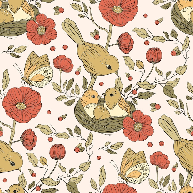 Vector vintage bird seamless pattern