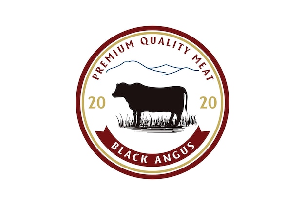 Vintage black angus cow cattle farm vee voor rundvlees badge embleem label logo design vector