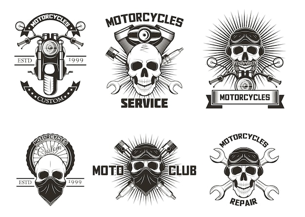 Vintage black moto skull labels logos vector isolated illustration