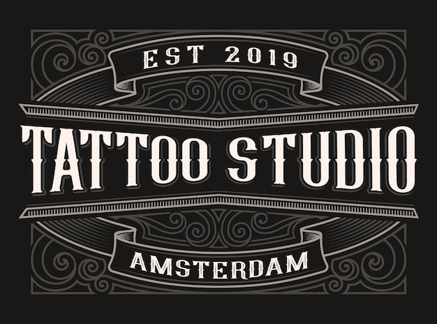 Vintage black and white lettering for the tattoo studio on the dark background. all items are in separate groups