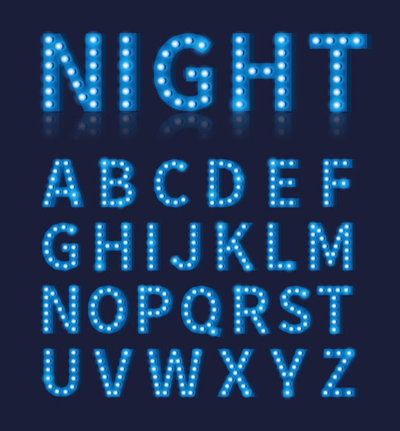 Fonte tipografica o alfabeto della lampada della lampadina blu dell'annata. design tipografico, decorazione luminosa brillante del carattere,