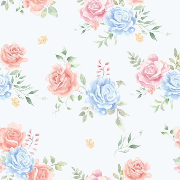 Vintage Blue and Orange Watercolor Rose Flower Seamless Pattern