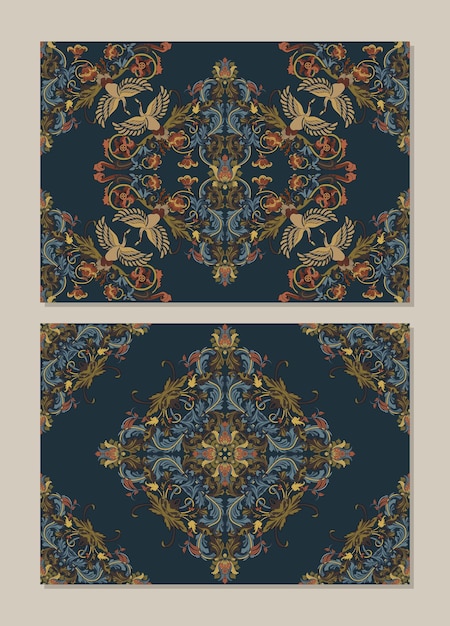 Vintage blue and yellow floral swan motif for tile rug or carpet template