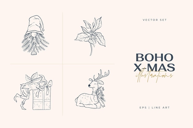 Vintage Boho Christmas hand drawn illustration