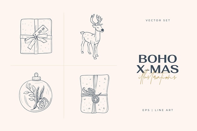 Vintage Boho Christmas hand drawn illustration