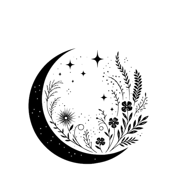 Vector vintage boho moon with flower silhouette illustration vector