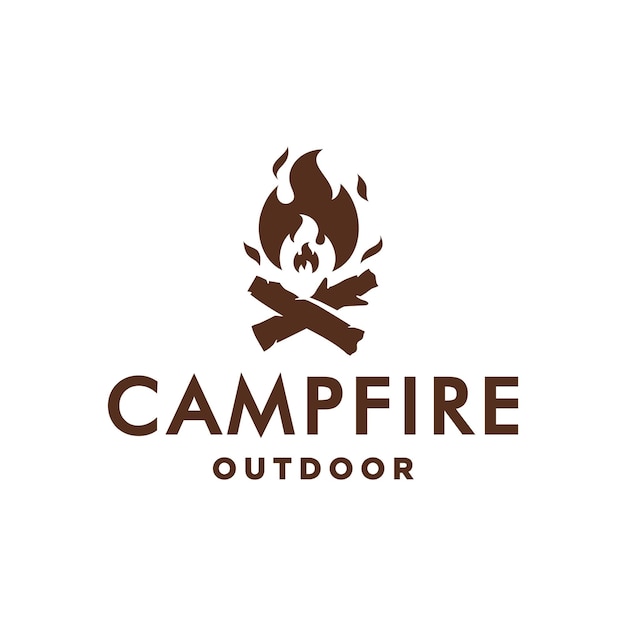 ビンテージたき火キャンプファイヤー ロゴ バッジ ラベル ベクトル イラスト白背景に交差した丸太のロゴ