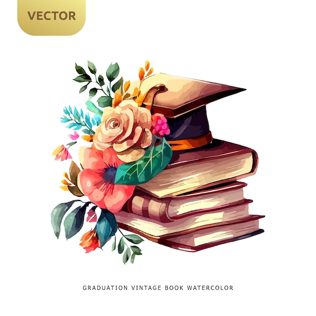 Vector vintage book with graudation hat and beautiful flowers isolated on white background graudation watercolor design vector illustration