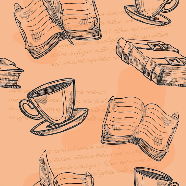 빈티지 책과 커피 또는 차 패턴의 컵