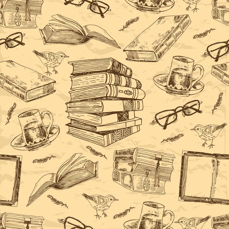 Вектор старинные книги эскиз бесшовные модели с птицей перо чайная чашка и очки векторная иллюстрация