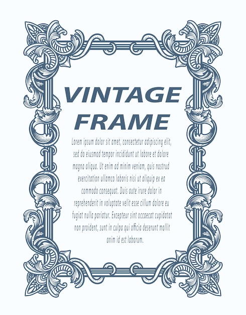 Vector vintage border frame engraving with antique ornament pattern vector design