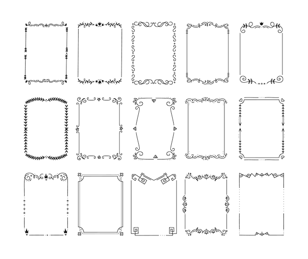 Вектор Винтажные бордюры декоративные рамки с цветочными и геометрическими элементами, декоративные шаблоны для поздравительных открыток коллекция каллиграфических очертаний квадратных разделителей векторного ретро-набора