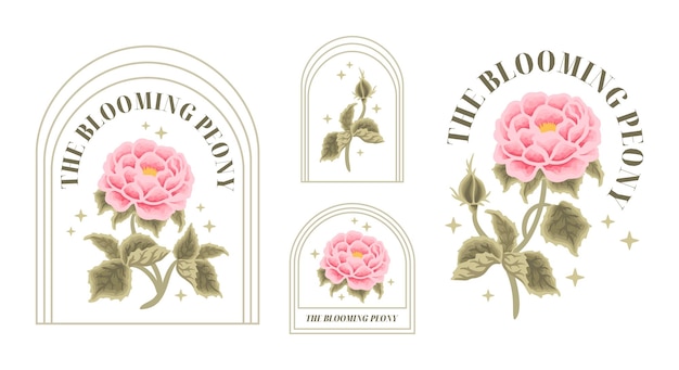 Vintage botanical peony flower and leaf branch element for feminine logo and beauty brand label set