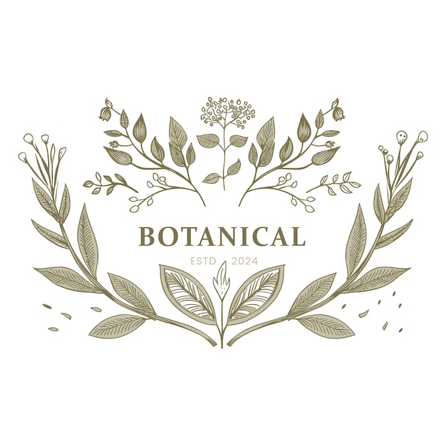 Vintage Botanical Shop Logo Laurel Wreath Illustration with Blossoming Beauty