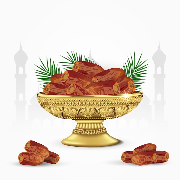 vintage bowl of dates with palm leaves isolated  . ramadan iftar food.   illustration