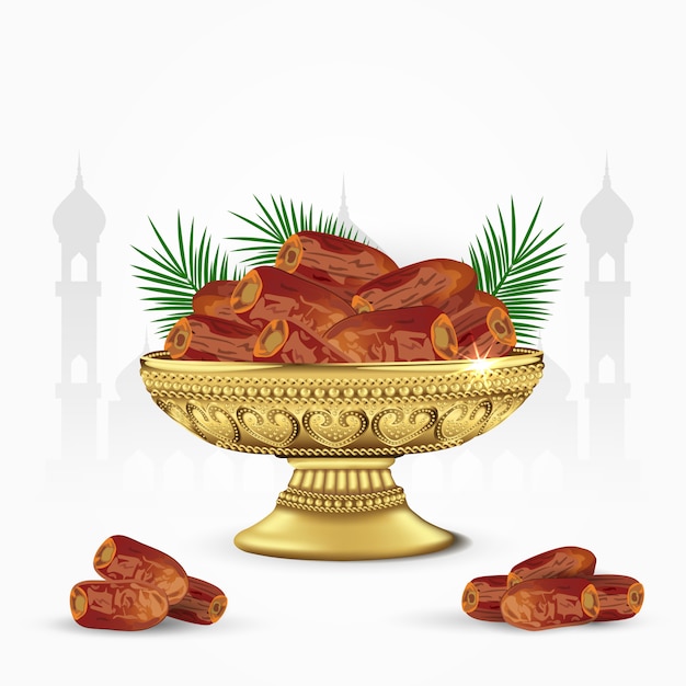 Vector vintage bowl of dates with palm leaves isolated  . ramadan iftar food.   illustration