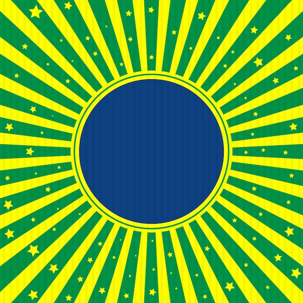 Vintage Brazilian day flag in green and yellow sunburst background with stars and colored circle