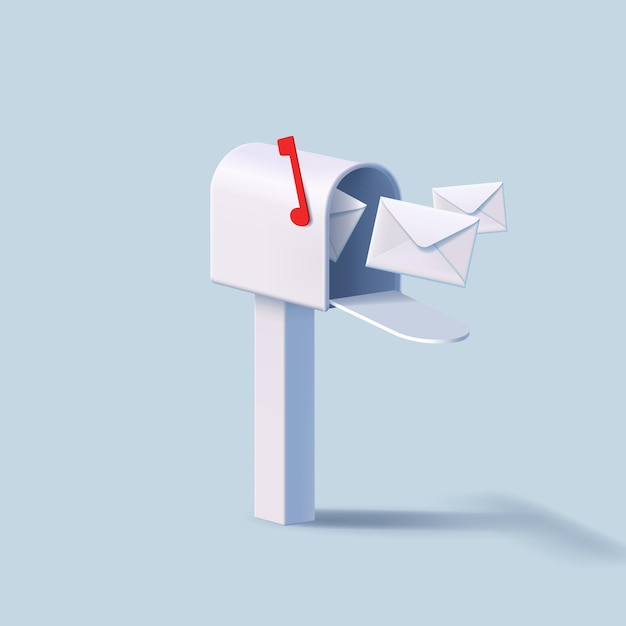 Vintage brievenbussen met uitvliegende witte gesloten enveloppen post levering samenstelling 3d render