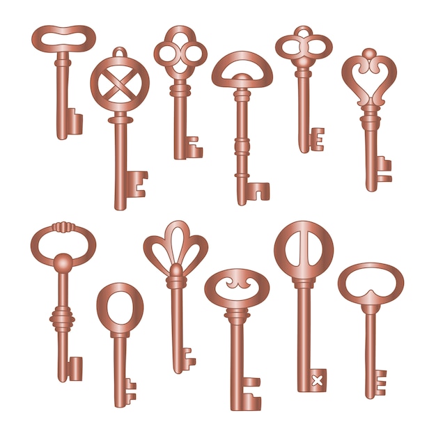 Набор старинных бронзовых металлических ключей, иллюстрация, изолированные на белом фоне