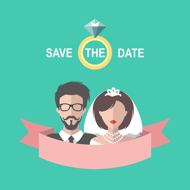 Vintage bruiloft romantische uitnodigingskaart met lintring bruid en bruidegom in vlakke stijl Save the Date uitnodigen in vector