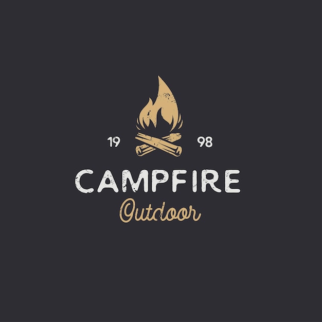 ロゴデザインをキャンプするための大きな炎を持つヴィンテージの燃えるたき火