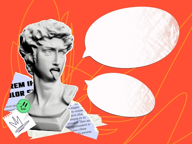 Vintage bust of a man statue with halftone cut newspaper mixed pencil scribbles and speech bubble