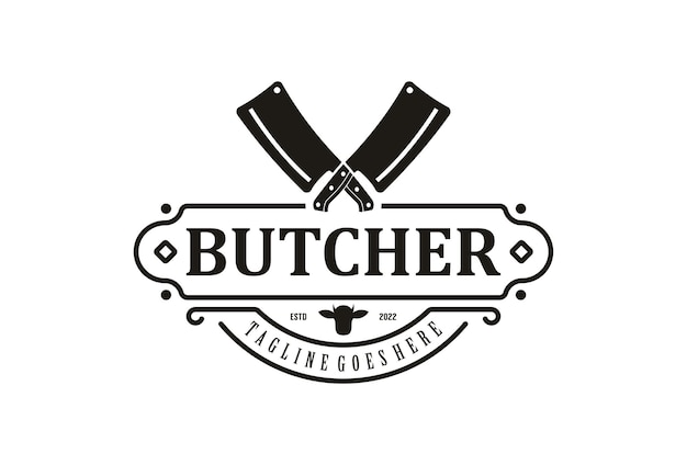 ベクトル ビンテージ肉屋ラベル ロゴ デザイン アンガス ヘッド アイコン ベクトル デザインと包丁ナイフを交差