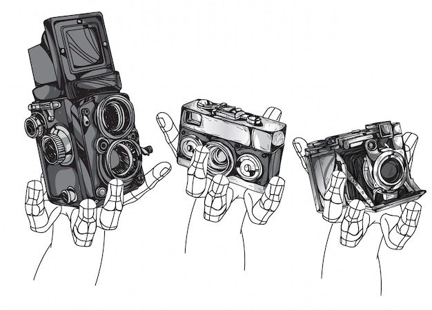 Disegno della mano della macchina fotografica dell'annata isolato su priorità bassa bianca.