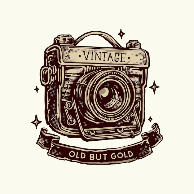 A vintage camera logo with a ribbon around it.